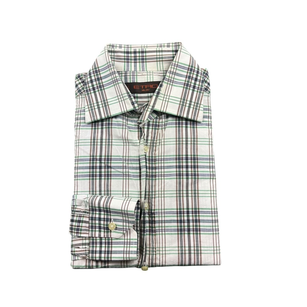 Etro‎ Milano White Brown Green Checked Cotton Button Front Size 38